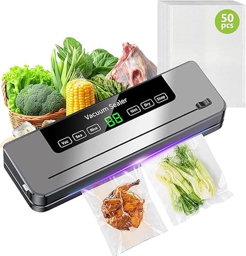 6-in-1 Food Vacuum Sealer Machine, 65KPA Powerful Kitchen Food Sealer, 30cm Longer Seal, Built-in Cutter & LED Digital, Dry/Wet/Pulse Modes, Includes 50Pcs BPA-Free Vacuum Sealer Bags(UK Plug)