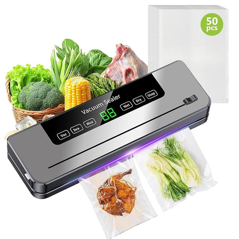 CeruleTree 6-in-1 Food Vacuum Sealer Machine, 65KPA Powerful Kitchen Food Sealer, 30cm Longer Seal, Built-in Cutter & LED Digital, Dry/Wet/Pulse Modes, Includes 50Pcs BPA-Free Vacuum Sealer Bags(UK Plug) - Vacuum Sealers