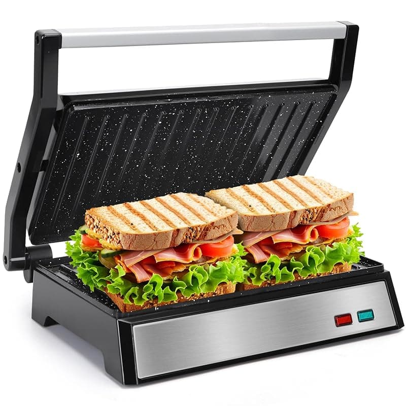 Aigostar 1500W Sandwich Toaster with Ceramic Plates, 2-Slice Panini Press, Deep Fill Toastie Maker, 180° Flat Open Electric Grill, Drip Tray, Stainless Steel- Hett Pro - Toasters