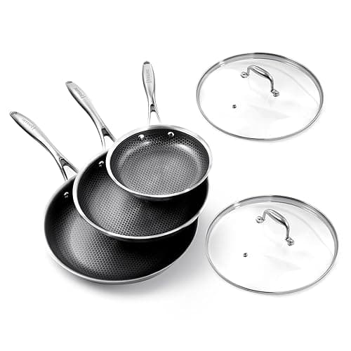 DELUXE Hybrid Ceramic Nonstick 5-Piece Fry Pan Set（20/25/30CM,Frying Pans with Tempered Glass Lids,Stay-Cool Handles, Dishwasher Safe, Works on All Stovetops