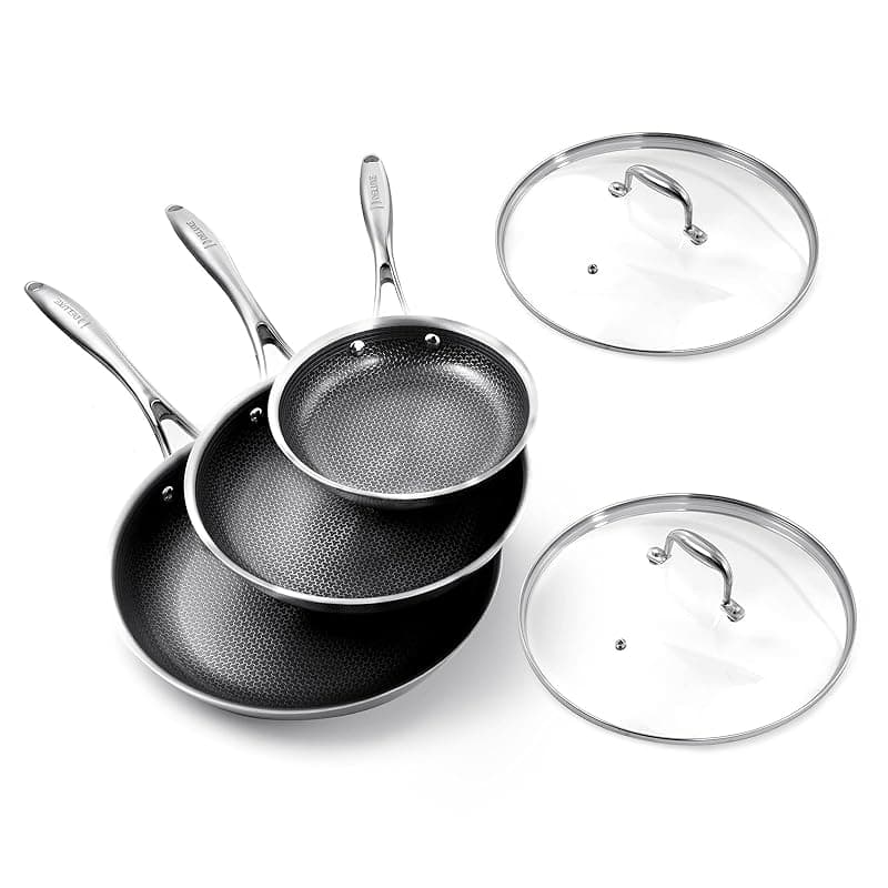 DELUXE Hybrid Ceramic Nonstick 5-Piece Fry Pan Set（20/25/30CM,Frying Pans with Tempered Glass Lids,Stay-Cool Handles, Dishwasher Safe, Works on All Stovetops - Cookware