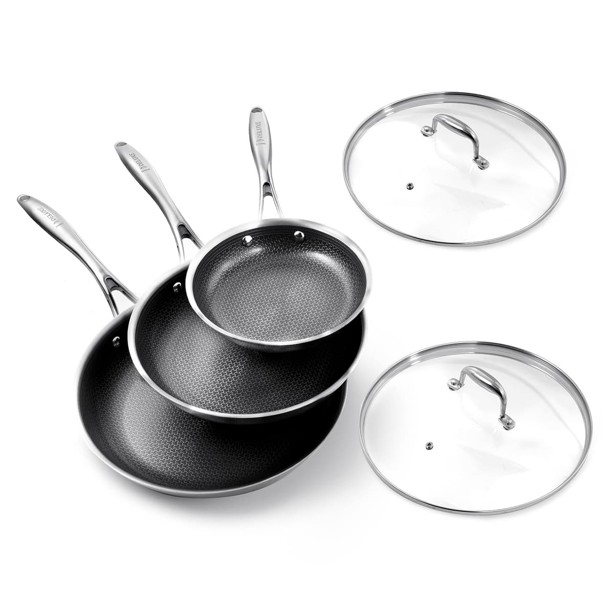 DELUXE Hybrid Ceramic Nonstick 5-Piece Fry Pan Set（20/25/30CM,Frying Pans with Tempered Glass Lids,Stay-Cool Handles, Dishwasher Safe, Works on All Stovetops - Cookware
