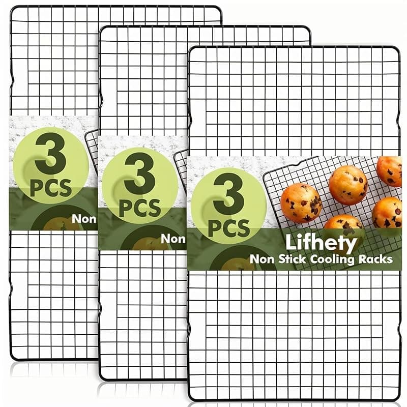 Lifhety 3PCS Cake Cooling Rack - 40x25cm Cooling Rack for Baking, Non-Stick Wire Rack Set for Cookie, Biscuits, Roasting and Compatible with Oven Baking Tray - Bakeware