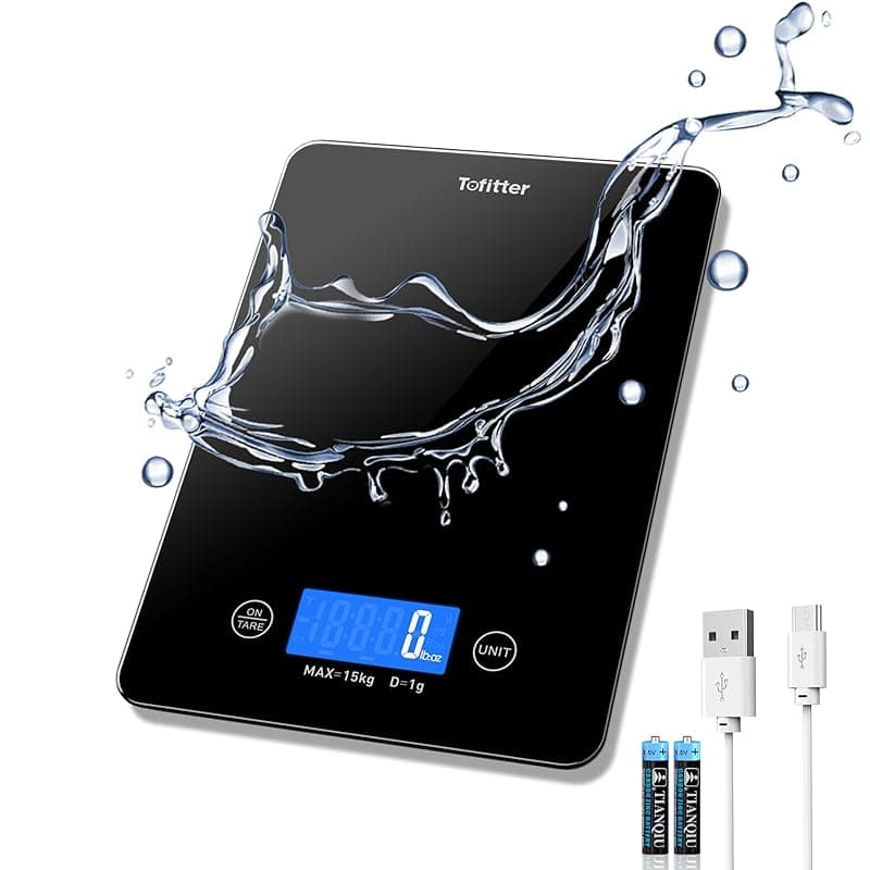 Tofitter Digital Kitchen Scales Large Food Scales –15kg/33lb Capacity, USB Rechargeable & Battery Operated, 1g/0.1oz Precision, 6 Units, Easy-Clean Glass Platform- for Cooking & Baking & Meal Prep - Kitchen Scales