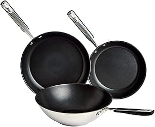 Amazon Basics Non-Stick Frying Pan and Wok Set, Ceramic Stainless Steel Cookware, 24cm and 28cm Pans with 28cm Wok, Induction and Oven-Safe, 3-Piece — Cookware deal