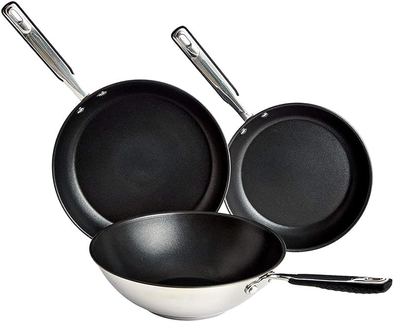 Amazon Basics Non-Stick Frying Pan and Wok Set, Ceramic Stainless Steel Cookware, 24cm and 28cm Pans with 28cm Wok, Induction and Oven-Safe, 3-Piece - Cookware