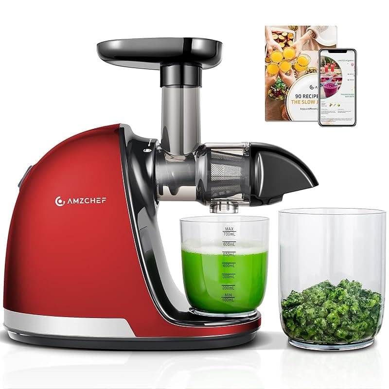 AMZCHEF Cold Press Juicer Machines, Slow Masticating Juicers for Whole Fruits and Vegetables, High Juice Yield, with 2 Cups and Recipe, Bright Red - Juicers