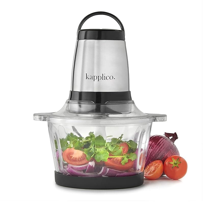 KAPPLICO Chrome Mini Chopper Mini Food Processor 4 bi-Level Blades - Energy Saver 250W Dual Speed - 2.0L Food Capacity Glass Bowl - 2 Year Warranty - Metallic Red - Food Processors