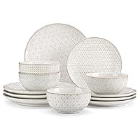 MALACASA 12 Piece Dinner Set for 4, Plates and Bowls Sets 12 Pieces, Embossed Stoneware Dinnerware Sets, Ceramic Dinner Sets, Dishwasher Safe, Series Lydia
