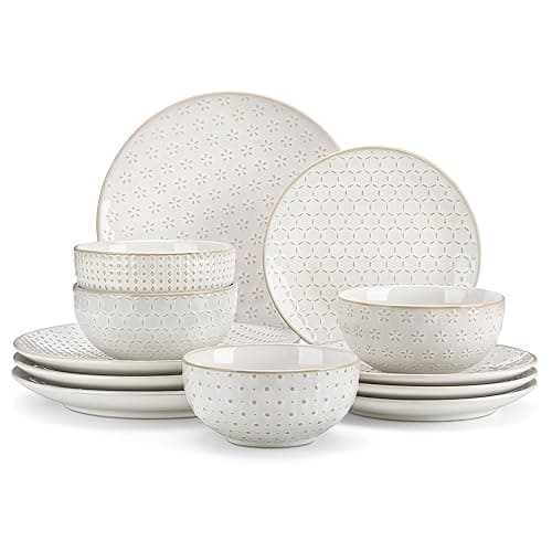 MALACASA 12 Piece Dinner Set for 4, Plates and Bowls Sets 12 Pieces, Embossed Stoneware Dinnerware Sets, Ceramic Dinner Sets, Dishwasher Safe, Series Lydia - Tableware