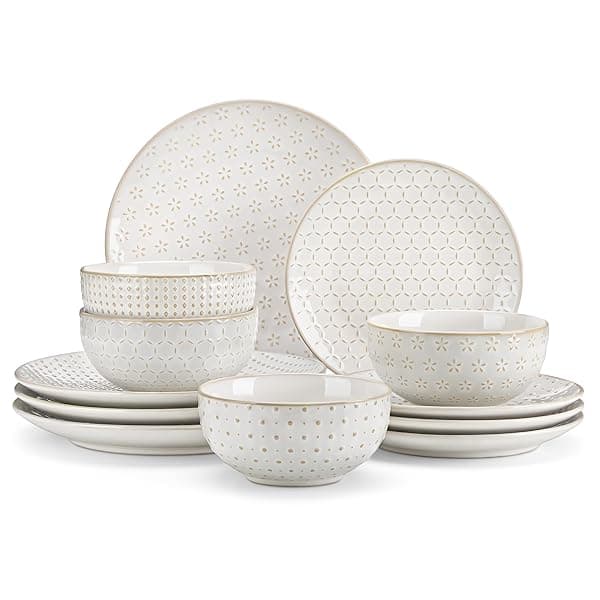 MALACASA 12 Piece Dinner Set for 4, Plates and Bowls Sets 12 Pieces, Embossed Stoneware Dinnerware Sets, Ceramic Dinner Sets, Dishwasher Safe, Series Lydia — Tableware deal