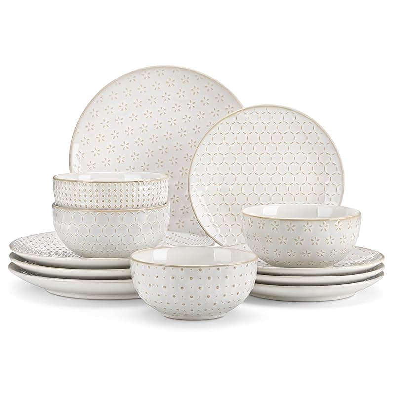 MALACASA 12 Piece Dinner Set for 4, Plates and Bowls Sets 12 Pieces, Embossed Stoneware Dinnerware Sets, Ceramic Dinner Sets, Dishwasher Safe, Series Lydia - Tableware