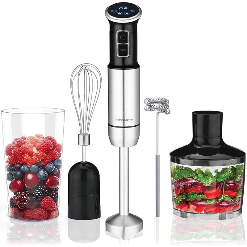 andrew james 5-in-1 Hand Blender Set, 1000W Immersion Blender, 8-Speed Turbo Boost, 750ml Beaker, 860ml Chopper, Electric Whisk, Milk Frother, Potato Masher, Food Processor Stick Blender - Food Processors