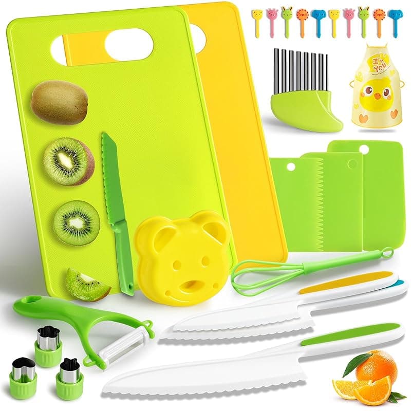 Mactoou Kids Kitchen Knives, 27 Pieces Kids Knife for Real Cooking, Toddler Safe Knives Set with Plastic Knife, Crinkle Cutter for 2 3 4 5 6 7 8 9 10+ Year Old Boys Girls - Kitchen Knives