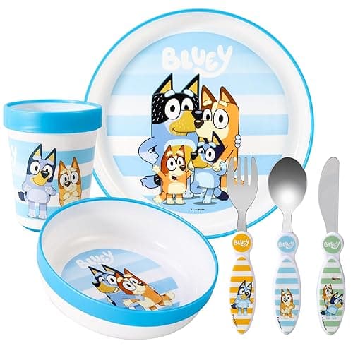 Zawadi Global Bluey Kids 6 Piece Reusable Dinner Set - Plate/Bowl/Cup/Knife/Fork/Spoon - Childrens Dinnerware Tableware Cutlery Set - Tableware