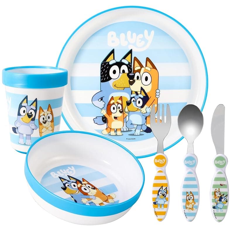 Zawadi Global Bluey Kids 6 Piece Reusable Dinner Set - Plate/Bowl/Cup/Knife/Fork/Spoon - Childrens Dinnerware Tableware Cutlery Set - Tableware