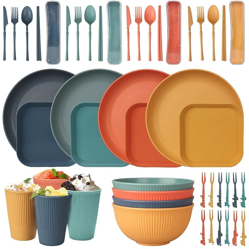 CSYY 48pcs Unbreakable Dinnerware Sets for 4 People, Camping/Picnic Dinner Sets, Lightweight Colorful BBQ Plastic Serving Plates, Bowls, Cups,Cutlery Set, Forks,Tableware - Tableware