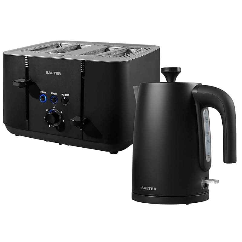 Salter COMBO-8824 Kuro Kettle and Toaster Set – Black 1.7L Capacity Fast Boil Kettle With Limescale Filter, 4-Slice Self-Centring Anti-Jamming Electric Toaster, Defrost/Reheat/Cancel, 3kW/1850W - Toasters
