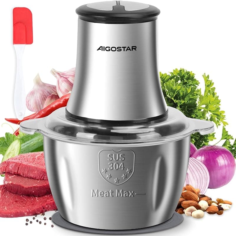 Aigostar Mini Food Chopper 2 Speeds Food Processor - 1.8L Stainless Steel Bowl, 4 Bi-Level Blades Vegetable Chopper for Meat, Nuts, Onions, Garlic, Baby Food, 500W - Flor 01H95 - Food Processors