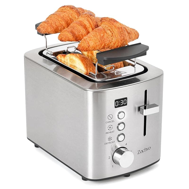 ZACHVO 2 Slice Toaster, LED Countdown Timer, 6 Browning Setting - Bread Toasters with Warming Rack and Removable Crumb Tray,Defrost/Reheat/Cancel,1.1m Long Cord, Stainless Steel, Silver - Toasters