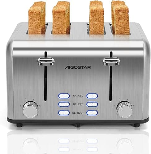 Aigostar Toaster 4 Slice Stainless Steel Toaster with Independent and Extra-Wide Slots, High Lifting, Defrost & Reheat Functions, Variable Browning Settings, Silver - Gordon 30ZGE - Toasters