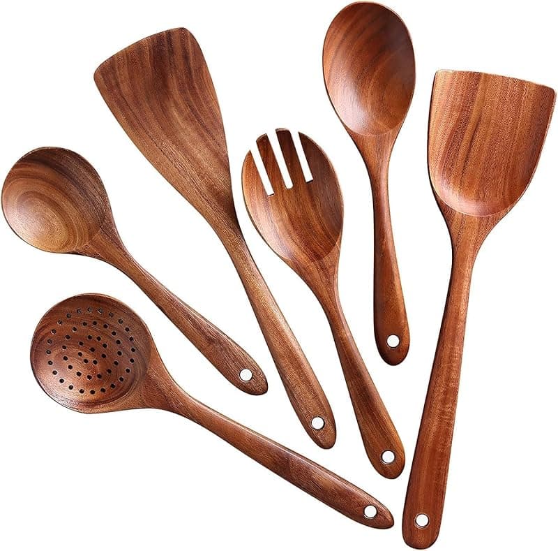 BITE SHOPPING ® Wooden Spoon 6 Pcs, Cooking Utensils,Kitchen Utensils Natural Teak Wood Non-Stick Cooking Spoons, Kitchen Utensils Set for Kitchen,Natural Color - Kitchen Tools Gadgets