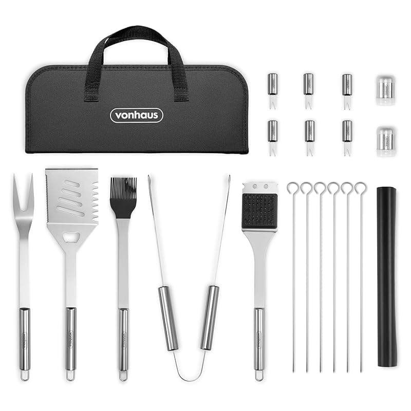 VonHaus BBQ Tool Set with Case, 20Pcs BBQ Accessories Kit Including Spatula, Fork, Tongs, Corn Forks, Barbecue Grill Mat, Basting Brush & Cleaner, Heavy Duty Utensils for Outdoor Cooking - Kitchen Tools Gadgets