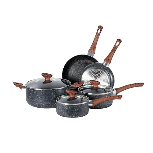 BARGAIN FACTORY Non-Stick Pots and Pans Set 8 Pieces, Cookware Set, Induction Compatible, Glass Lids, Wood-Look Handles, Cooking Marble Grey - Cookware