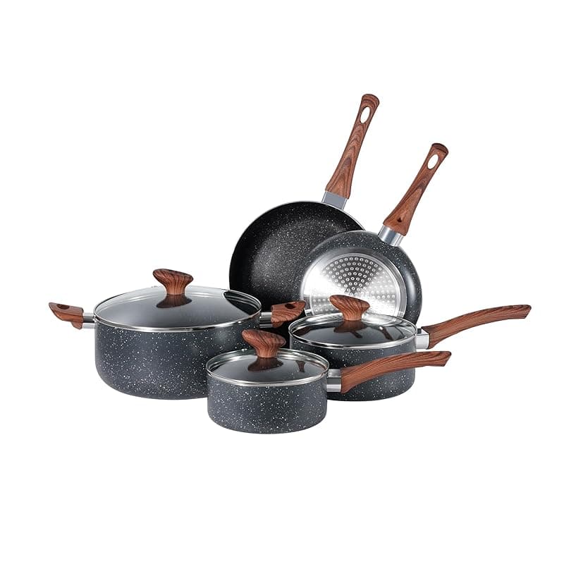 BARGAIN FACTORY Non-Stick Pots and Pans Set 8 Pieces, Cookware Set, Induction Compatible, Glass Lids, Wood-Look Handles, Cooking Marble Grey - Cookware