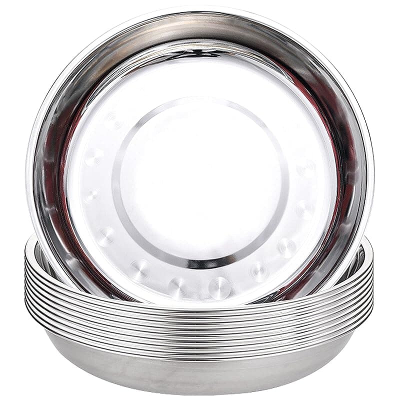 TOPZEA 10 Pack 9 Inch Stainless Steel Plates, Unbreakable Metal Dinnerware Set for Camping, Picnic, BBQ, Canteen & Home Use, Dishwasher Safe - Tableware