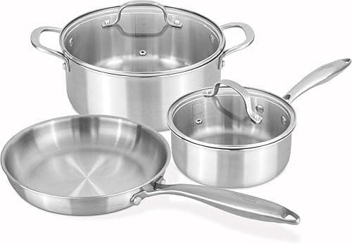 5pcs Stainless Steel Cookware Set – Induction Hob Pots and Pans Non Stick – 24cm Casserole with lid, 18cm Saucepan with Lid & 24cm Frying pan – by Nuovva