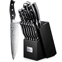 D.Perlla Knife Set, 14 Pieces Kitchen Knife Set with Self Sharpening Wooden Block, German Stainless Steel Knife Block Set with Steak Knives, Black