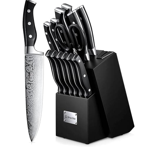 D.Perlla Knife Set, 14 Pieces Kitchen Knife Set with Self Sharpening Wooden Block, German Stainless Steel Knife Block Set with Steak Knives, Black - Kitchen Knives