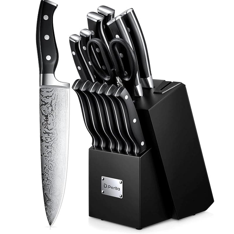 D.Perlla Knife Set, 14 Pieces Kitchen Knife Set with Self Sharpening Wooden Block, German Stainless Steel Knife Block Set with Steak Knives, Black - Kitchen Knives