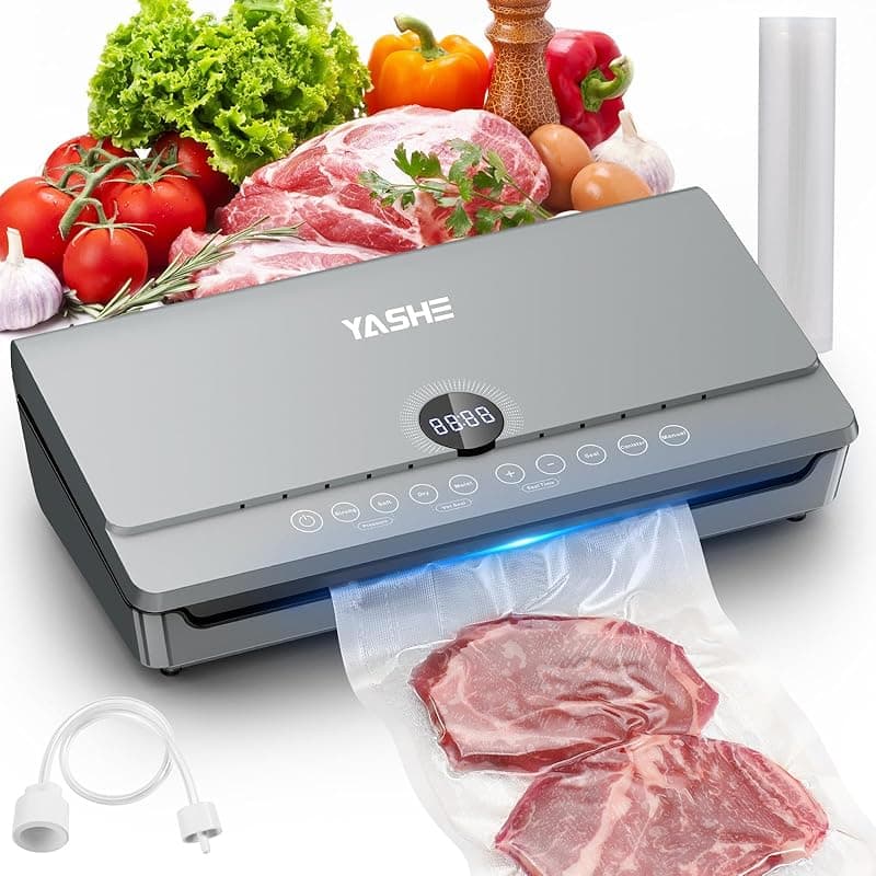 YASHE 80KPA Vacuum Sealer Machine with One-Touch Magnetic Lid, 10-in-1 Double Heat Seal & Double Pump Food Vacuum Sealer Machine, Integrated Roll Storage, Includes 1 Roll of Vacuum Bags - Vacuum Sealers