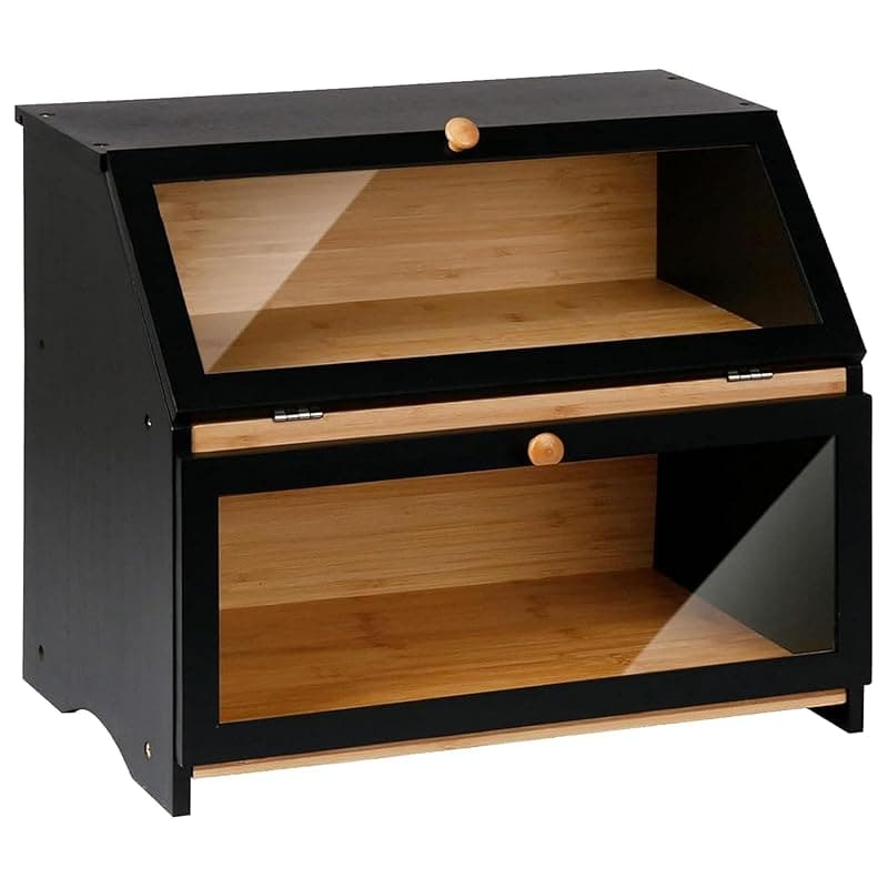 SG Traders Double Decker Bamboo Bread Bin 2-Layer Bread Box Eco-friendly Kitchen Storage Box with Lid for Freshness Natural, Organic, and Sustainable Food Storage Solution (Modern - Black) - Kitchen Storage
