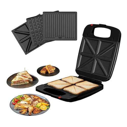 DMD Collective - 3-in-1 Family Toastie Maker Sandwich Toaster, 4 Slice Waffle Maker, Panini Press Deep Filled Removable Plates with Non-Stick Coating & Drip Trays 1200W - Toasters