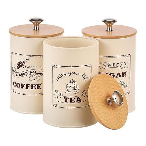 GWCYMYD Tea Coffee Sugar Canisters Set, 3 Pcs Storage Cansiter Jars with Airtight Wooden Lids, 710ml Vintage Kitchen Storage Containers - Kitchen Storage