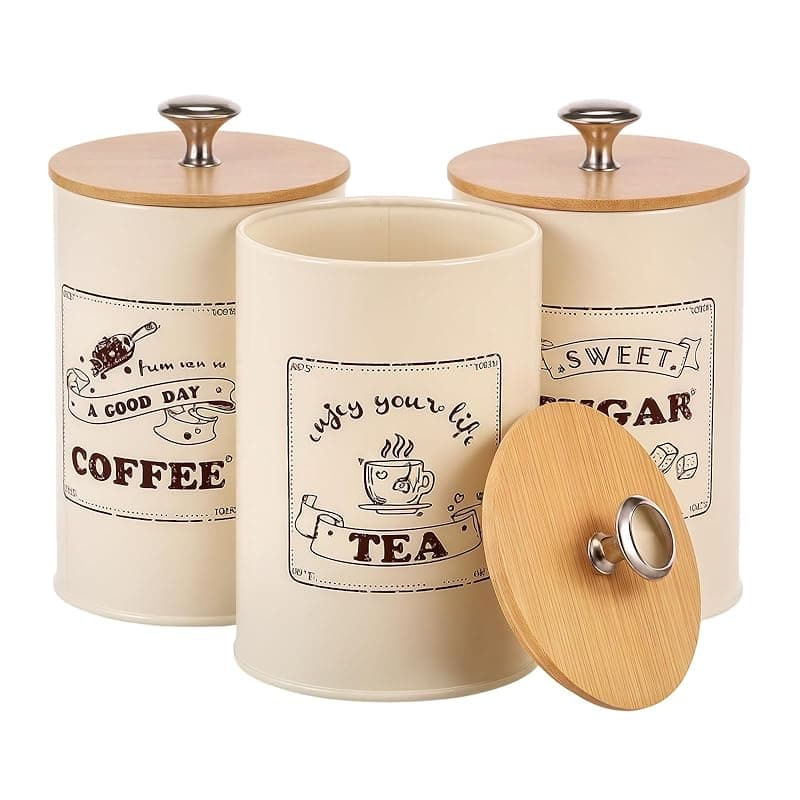 GWCYMYD Tea Coffee Sugar Canisters Set, 3 Pcs Storage Cansiter Jars with Airtight Wooden Lids, 710ml Vintage Kitchen Storage Containers - Kitchen Storage