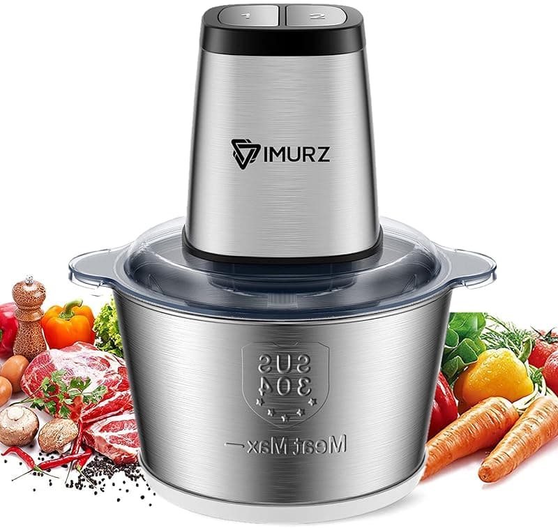 IMURZ Mini Chopper Electric Food Processor with 2 Litre Stainless Steel Bowl, 2 Speeds, 4 Bi-Level Blades,500W, Silver - Food Processors