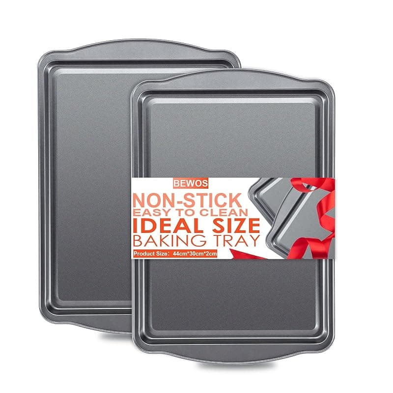 BEWOS 2-Piece Carbon Steel Baking Tray with Handle, 43.5 x 30 x 2cm, Baking Trays for Oven Non - Stick, Large Baking Trays for Oven, Dishwasher Safe & Easy to Clean, Oven Tray Set for Baking/Cooking - Bakeware