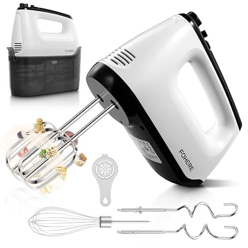 FOHERE Hand Mixer Electric Mixer, with Storage Box, 6 Speeds, for Baking, 400W, FOHERE Handheld Food Mixer with 6 Free Accessories, Eject Button, Stainless Steel, White - Stand Mixers