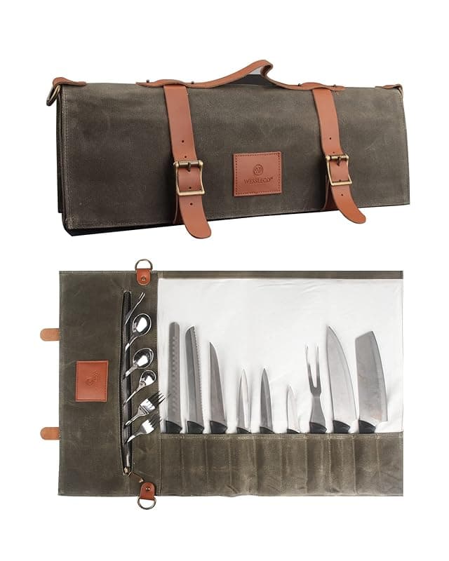 FIREDOG Waxed Canvas Chef Knife Roll Bag with 10 Pockets, Handle & Shoulder Strap - Kitchen Knives