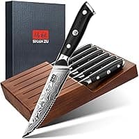 SHAN ZU Steak Knife Set of 7pcs, 11cm Damascus Steak Knife Set with Block, Japanese High Carbon Steel Kitchen Serrated Knives Set with Ergonomic G10 Handle and Gift Box - PRO Series