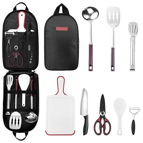 Odoland Camping Kitchen Utensil Organizer Travel Set with Tongs, Scissors, Cutting Board, Rice Paddle and Water Resistant Case for Indoor Daily Meal or Outdoor Hiking Picnic and Trekking - Kitchen Tools Gadgets