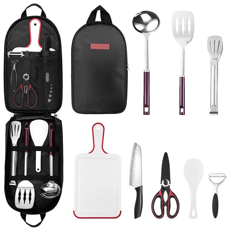 Odoland Camping Kitchen Utensil Organizer Travel Set with Tongs, Scissors, Cutting Board, Rice Paddle and Water Resistant Case for Indoor Daily Meal or Outdoor Hiking Picnic and Trekking - Kitchen Tools Gadgets