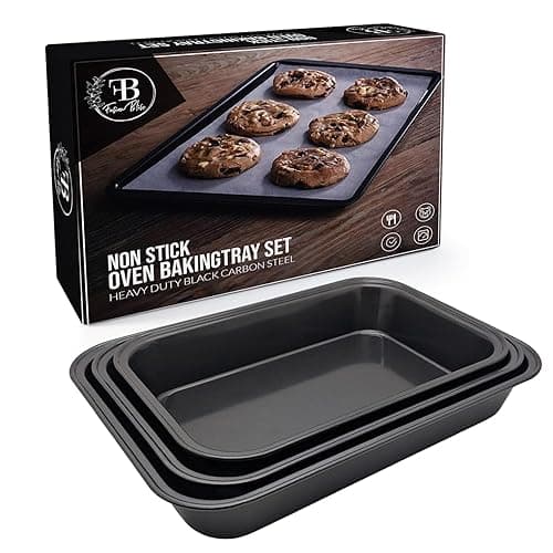 Fusion Bliss Shop Fusion Bliss Non-Stick Baking Tray Set for Oven – Heavy Duty Carbon Steel Roasting Trays & Oven Trays – Bakeware for Cookies, Cakes and Cooking Trays Assorted. Hand wash Recommended (Pack of 3) - Bakeware