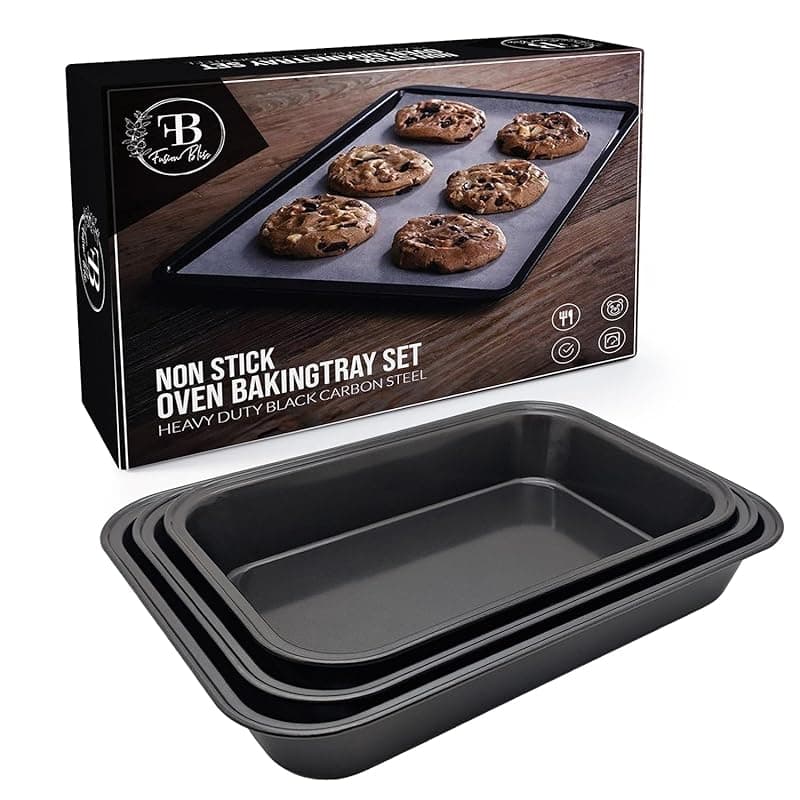 Fusion Bliss Shop Fusion Bliss Non-Stick Baking Tray Set for Oven – Heavy Duty Carbon Steel Roasting Trays & Oven Trays – Bakeware for Cookies, Cakes and Cooking Trays Assorted. Hand wash Recommended (Pack of 3) - Bakeware