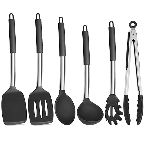 Onader Black Kitchen Utensils Set, 6 Pieces Silicone Cooking Utensils for Non-Stick Cookware, Heat Proof Kitchen Cooking Tools, Stainless Steel Handle & Dishwasher Safe - Kitchen Tools Gadgets