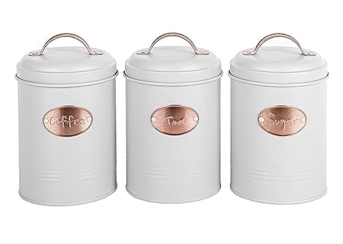 Novel Solutions Retro Round Tea, Sugar, Coffee Canisters 3pc Set with Lids. Decorative Kitchen Food Storage Tin for your favorite Tea bags, Sugar cubes and Coffee beans or powder. - Kitchen Storage